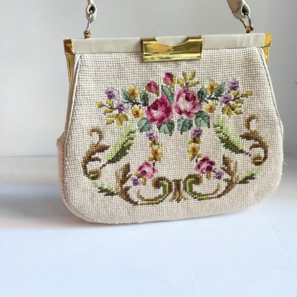Vintage Ivory  Floral Needlepoint Pretty Cute Top Handle Bag - Picture 3 of 11